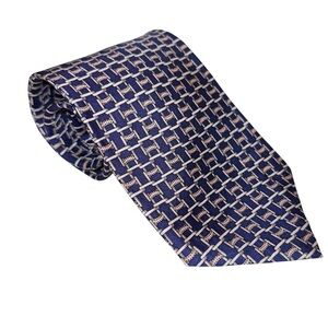 Paul Fredrick Mens Tie Silk Blue Equestrian Geometric Hand Made USA 3.5x60”